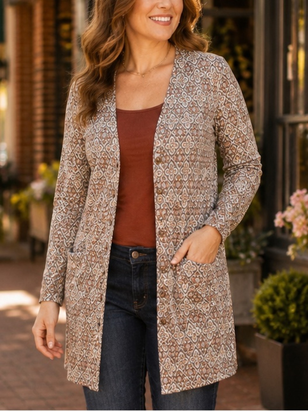 Agnes & Dora Essential Cardigan Geo Print Button Front Pockets Boho NWT